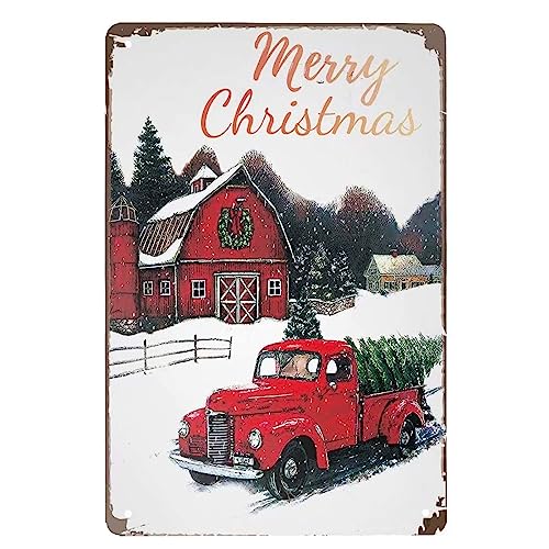 Blechschild mit Aufschrift "Merry Christmas", Vintage-Stil, rotes Haus und Weihnachtsbaum, Schneelandschaft, Retro-Blechschilder für Zuhause, Bar, Pub, Club, Badezimmer, Männerhöhle, Garage, 14 x 20 von Strunt