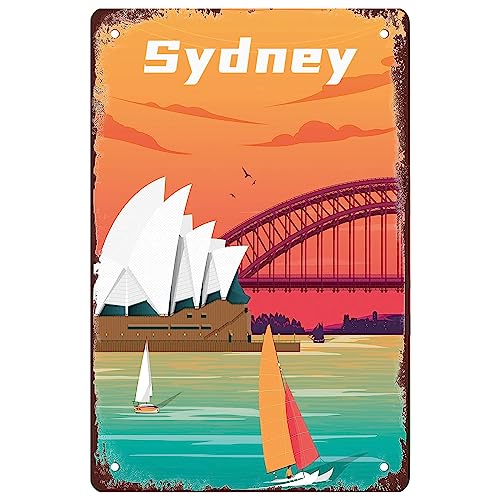 Blechschild mit Aufschrift "Welcome To Sydney", Vintage-Stil, Opernhaus, Stadtausflug, Landschaft, Hippie, Metallschilder, Retro-Wanddekoration, für Zuhause, Büro, Garten, Männerhöhle, Club, Café, 20 von Strunt