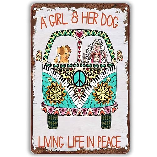 Hippie Girl Peace Vintage Metallschilder A Girl And Her Dog Living Life In Peace Hippie Home Decor For Home Bars Restaurants Cafes Garden Office Store Pubs Club Schild 20 x 30 cm von Strunt