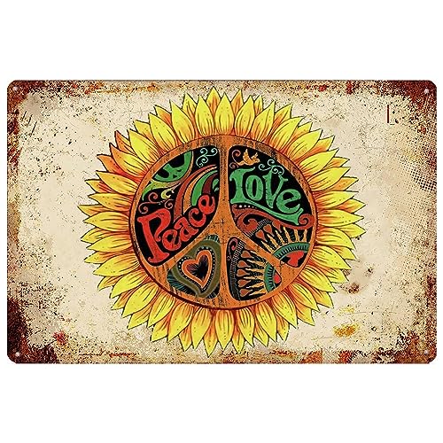 Hippie-Raumdekoration, Retro-Blechschild, Sonnenblume, Frieden, Liebe, Kunst, Wanddekoration, Retro-Hippie-Straßenschilder für Zuhause, Tor, Garten, Bars, Cafés, Büro, Geschäft, Pubs, Club, 20 x 30 cm von Strunt