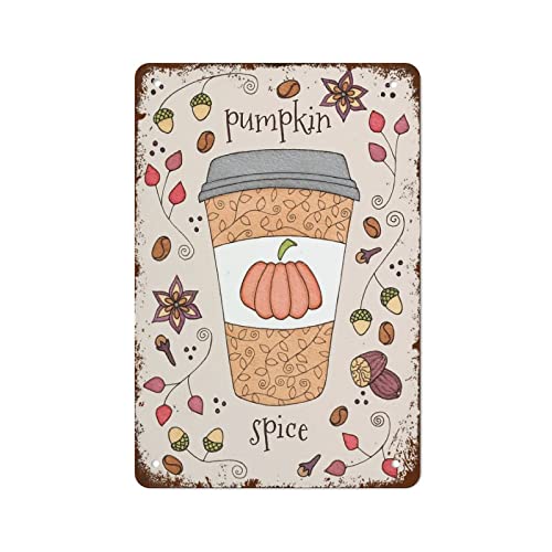 Kürbis-Gewürz-Druck, Kürbis-Gewürz-Latte-Kaffee-Illustrationsdruck, Herbst-Gewürz-skurriles Lebensmittel-Dekor, Wandkunst, Retro-Metall-Blechschild für Zuhause, Café, Club, Wanddekoration, 20,3 x 30,5 von Strunt