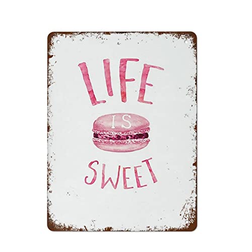 Macaron bedruckbar, Süßwaren-Wandkunst, rosa Küchendekoration, Life Is Sweet, Lebensmittelkonditorei-Poster, französischer Macaron-Druck, Teenager-Mädchen-Geschenk, Blechschild, Vintage-Wanddekoration von Strunt