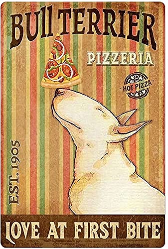 Metall-Blechschild, Retro-Schild, Motiv: Bullterrier, Pizzeria Love At First Bite, Retro-Wanddekoration für Zuhause, Cafés, Büro, Geschäft, Pubs, Clubs, 20 x 30 cm von Strunt