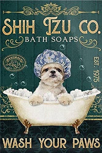 Metall-Blechschild, Retro-Schild, Shih Tzu Co. Badeseifen Wash Your Paws, Retro-Wanddekoration für Zuhause, Cafés, Büro, Geschäft, Pubs, Clubs, 14 x 20 cm von Strunt