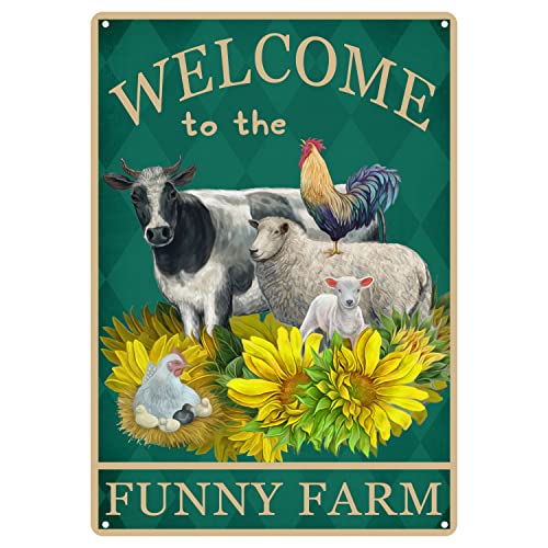 Metallschild, Motiv: Sonnenblumen, Kuh, Schaf, Huhn, Aufschrift "Welcome To The Funny Farm", Retro-Stil, Blechschild, Vintage-Stil, Wanddekoration, Geschenk für Restaurant, Theater, Bauernhof, von Strunt