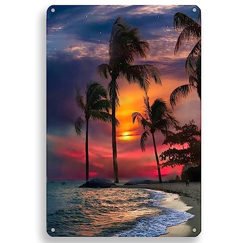 Strand Sonnenuntergang Kreatives Blechschild Tropische Palme Natürliche Landschaft Sommer Strand Kunst Dekorieren Für Strand Bauernhaus Garten Garage Outdoor Home Decor Neuheit Schild 20 x 30 cm von Strunt