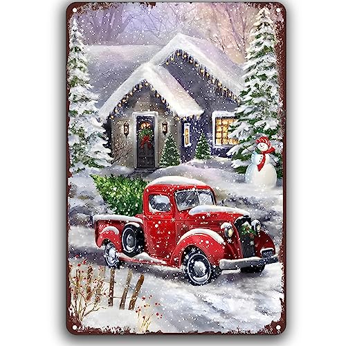 Strunt Weihnachten Antik Blechschild Weihnachtsbaum und roter LKW Retro Kunst Malerei Poster Plakette für Zuhause Küche Garage Bauernhaus Wanddekoration 14 x 20 cm von Strunt