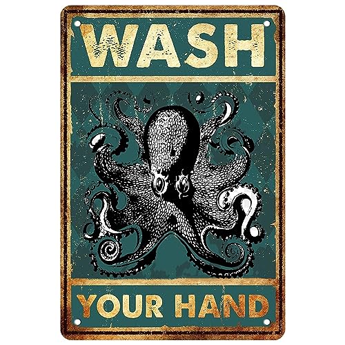 Wash Your Hands Vintage Metallschild Octopus Doctor Wanddekor Retro Schild Lustige Badezimmerschilder für Zuhause Bauernhaus Cafe Bar Toilette Waschraum 20 x 30 cm von Strunt