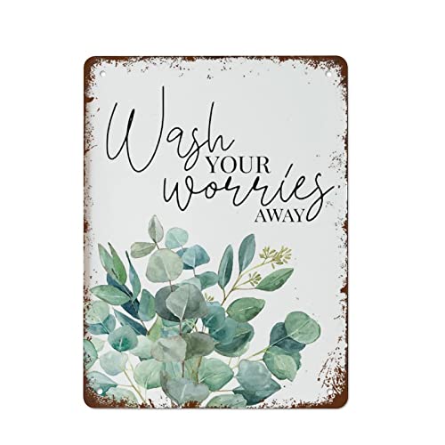 Wash Your Worries Away Eukalyptus Badezimmer Druck Badezimmer Wandkunst Badezimmer Schild Badezimmer Wanddekoration Botanische Wohnkultur Beste Vintage Fun Metallschilder, perfekt für Bar-Poster, 20,3 von Strunt