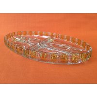 1970Er Jahre Ovale Glas-Servierschale Mit Gelbem Detail, 1970Er-Glas-Relish-Schale, Kitsch-Canapés-Schale, Crudités - Und Dips-Tablett von StuckInThe1970s