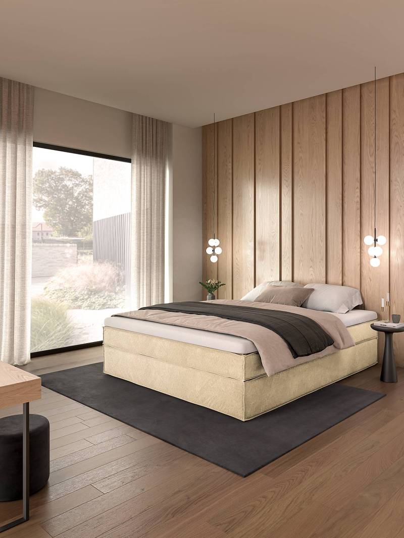 home24 Premium Boxspringbett 200 x 200cm Samt Onoli Beige H3 von home24