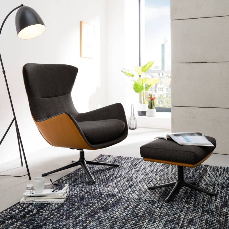 home24 Sessel mit Kreuzfuß Schwarz/Braun Webstoff Saia / Echtleder Neka Schwarz 84 x 99 x 96cm von home24