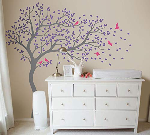 Groß baum wandtattoo kinderzimmer wandaufkleber wandsticker kinderzimmer im windschiefen wandbild 099 (Grau, Lavendel, Pink) von Studio Quee