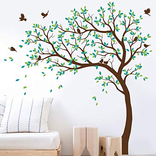 Großer Baum Wandaufkleber Kinderzimmer Wand Baum Aufkleber mit Vögeln Baum Wandsticker Wandtattoo Vinyl Wanddekor KW032 (Äste nach links, Braun, Limettengrün, Türkis) von Studio Quee