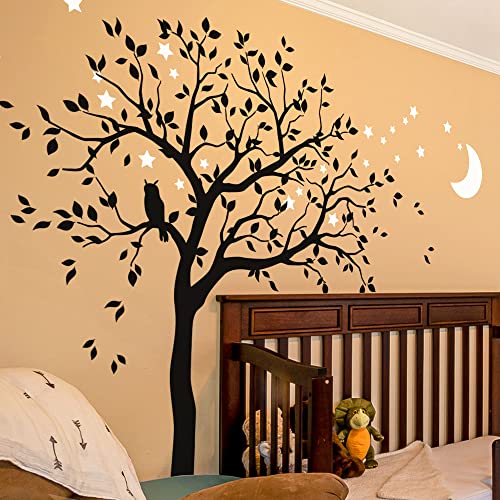 Studio Quee Großer Baum Wandaufkleber mit Eule, Mond und Sternen Kinderzimmer Wandbild Dekoration 088 (Äste nach rechts, Schwarz, Weiß) von Studio Quee