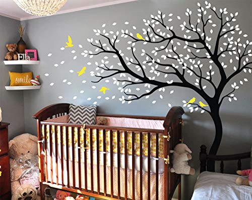 Großer baum wandtattoo kinderzimmer wandaufkleber wandsticker dekor Baum im windschiefen wandbild 098 (Äste nach links, Schwarz, weiß, gelb) von Studio Quee