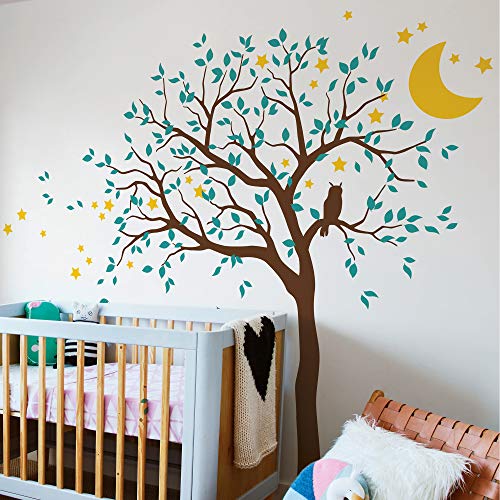 Studio Quee Baum Wandaufkleber mit Eule, Mond und Sternen Kinderzimmer Wandbild Dekoration 088 (Äste nach links, Braun, Türkis, Gelb) von Studio Quee