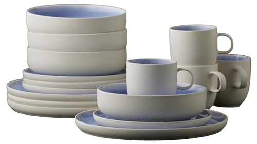 Studio Round North Geschirrset 4 Personen, Steingut Geschirr Set, 16-Teilig, Tafelservice Steingut im Dänischen Design, Spülmaschinengeeignet & Mikrowellengeeignet, Shiny River von Studio Round