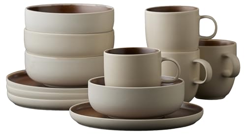 Studio Round North Steingut Geschirr Set für Brunch/Frühstück Servier Set, Geschirrset 4 Personen,12 Teile, 4 x Teller, Schüsseln und Kaffeetassen aus Steinzeug, Bark von Studio Round