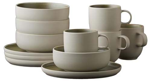 Studio Round North Steingut Geschirr Set für Brunch/Frühstück Servier Set, Geschirrset 4 Personen,12 Teile, 4 x Teller, Schüsseln und Kaffeetassen aus Steinzeug, Moss von Studio Round