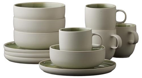 Studio Round North Steingut Geschirr Set für Brunch/Frühstück Servier Set, Geschirrset 4 Personen,12 Teile, 4 x Teller, Schüsseln und Kaffeetassen aus Steinzeug, Shiny Moss von Studio Round