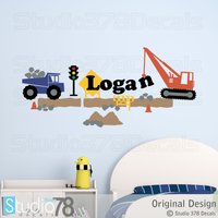 Bauset Vinyl-Wandaufkleber - Kindertransport-Wandaufkleber Baustellen-Kipper-Kran Personalisierter Name Kinderzimmer-Wandaufkleber von Studio378Decals