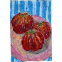 Original Tomato Still Life - Red Heirloom Tomatoes On Striped Background Vibrant A5 Oil Pastel Drawing Rustic Kitchen Wall Art Original Tomato Still Life - Red Heirloom Tomatoes On Striped Background Vibrant A5 Oil Pastel Drawing Rustic Kitchen Wall Art von StudioAriane