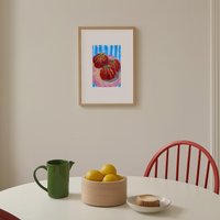 Original Tomato Still Life - Red Heirloom Tomatoes On Striped Background Vibrant A5 Oil Pastel Drawing Rustic Kitchen Wall Art von StudioAriane