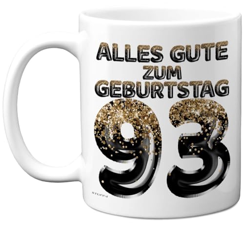 93. Geburtstagsgeschenke – 'Schwarz Gold Glitzerballons' Tasse – Geburtstag Tasse für Männer und Frauen, 325 ml Premium-Keramiktasse, Spülmaschinenfest von Stuff4