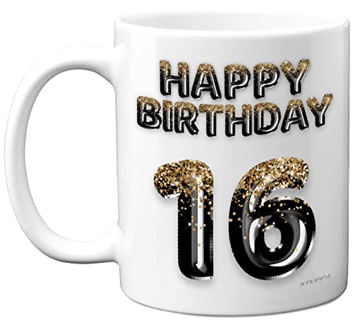 Kaffeebecher zum 16. Geburtstag für Jungen – Schwarz-goldene Glitzer-Luftballons – Happy Birthday-Tasse für 16 Jahre alten Sohn, Bruder, Enkel, Cousin, Freund, 325 ml, Keramik, spülmaschinenfest von Stuff4