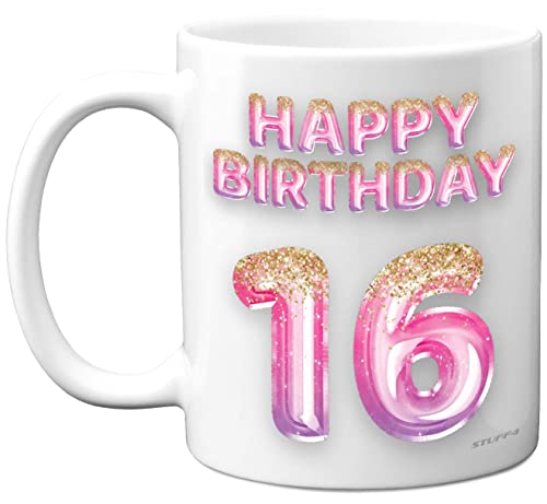 Geschenk zum 16. Geburtstag für Mädchen – rosa lila Glitzerballons – Happy Birthday-Tasse für 16-jährige Tochter, Schwester, Enkelin, Cousin, Freund, 325 ml, Keramik, spülmaschinenfest, Kaffeetasse von Stuff4