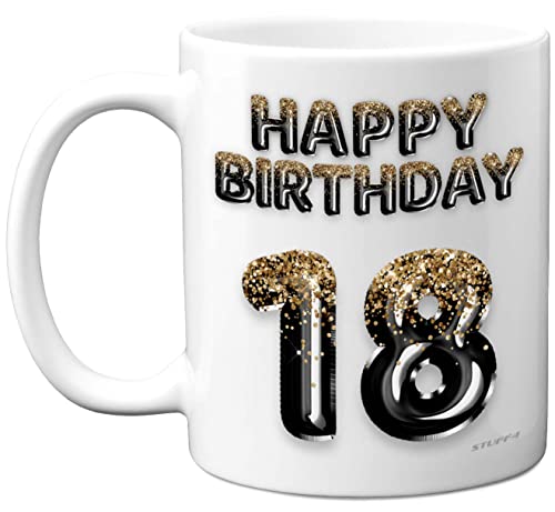 Kaffeebecher zum 18. Geburtstag für Männer – Schwarz-goldene Glitzer-Luftballons – Happy Birthday-Tasse für 18 Jahre alten Sohn, Bruder, Enkel, Cousin, Freund, 325 ml, Keramik, spülmaschinenfest von Stuff4