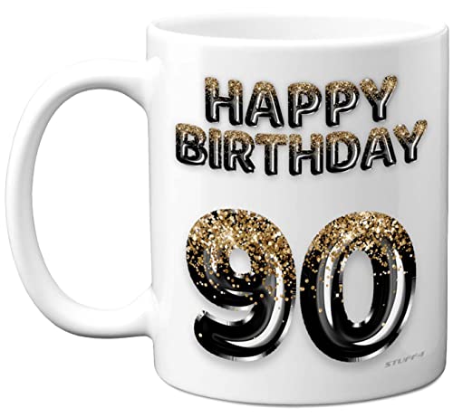 Geschenk zum 90. Geburtstag für Männer – Schwarz Gold Glitzer Luftballons – Happy Birthday Tasse Geschenk für 90 Jahre alten Vater, Großvater, Onkel, Cousin, Opa, 325 ml, Keramik, spülmaschinenfest, von Stuff4