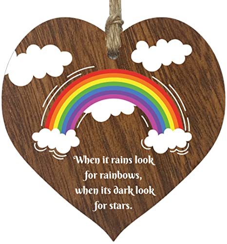 Holzschild mit Aufschrift "When it Rains Look for Rainbows" zum Aufhängen, dunkles Holz, Herzschild, für Damen, beste Freundin, Geburtstagsgeschenke für sie, positives inspirierendes Geschenk, beste von Stuff4