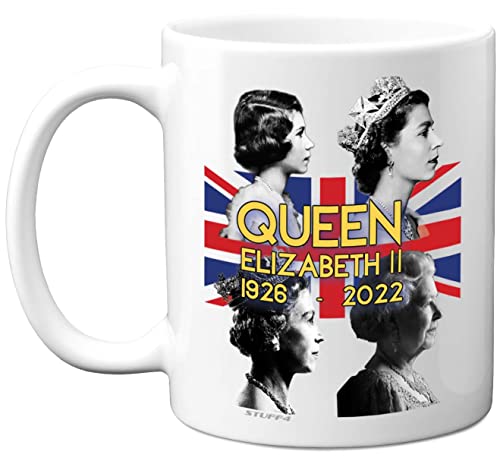 Stuff4 Queen Elizabeth II Gedenktasse – The Queen Elizabeth II Union Jack Andenken – königliche Gedenkgeschenke, Erinnerungsstücke, Souvenirs, Keramik, weiße Premium-Tassen von Stuff4