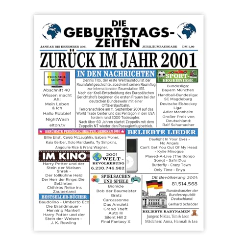 Stuff4 24. Vintage Bilder Poster Ungerahmt - Zurück im Jahr 2001 Zeitung - Wandbilder Wohnzimmer Schlafzimmer Vintage 24 Jahrgang Geboren, 20cm x 25cm Wand Deko Bild Kunstdrucke Wandposter Posters von Stuff4