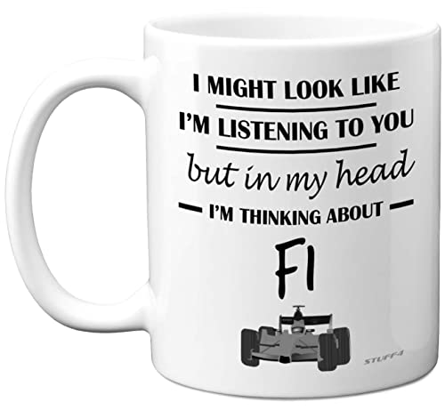 Stuff4 Formel 1 Geschenke – in My Head I'm Thinking About F1 – lustige F1-Geschenke Männer Autoliebhaber Geschenke Ihn F1-Tasse Formel 1-Geschenke 325 ml Keramik spülmaschinenfest Premium-Tasse von Stuff4