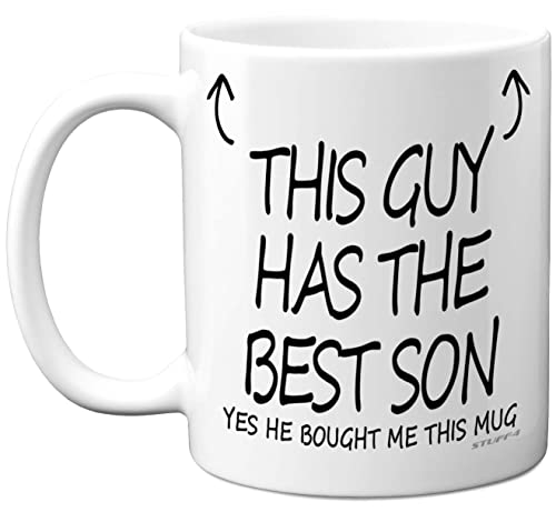 Stuff4 Keramiktasse mit Aufschrift This Guy Has The Best Son 325 ml spülmaschinenfest Motiv: Papa Daddy Dad Geschenk für Geburtstag Weihnachten Vatertag Premium-Tasse hergestellt in Großbritannien von Stuff4