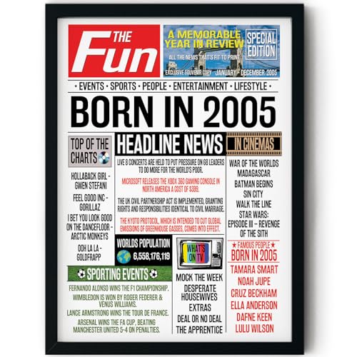 Stuff4 Poster zum 20. Geburtstag, gerahmt, Zeitung "Born in 5,092.7 cm, Happy 20th Birthday Gifts for Men Women Vintage Retro Back in 2005, 20,3 x 25,4 cm, 20,3 x 25,4 cm, Party-Dekoration Stuff4 Poster zum 20. Geburtstag, gerahmt, Zeitung "Born in 5,092.7 cm, Happy 20th Birthday Gifts for Men Women Vintage Retro Back in 2005, 20,3 x 25,4 cm, 20,3 x 25,4 cm, Party-Dekoration von Stuff4