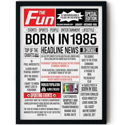 Stuff4 Poster zum 40. Geburtstag, gerahmt, Zeitung "Born in 5,041.9 cm, Happy 40th Birthday Gifts for Men Women Vintage Retro Back in 1985, 20,3 x 25,4 cm, 40. Geburtstag, Party-Dekoration, Dekoration Stuff4 Poster zum 40. Geburtstag, gerahmt, Zeitung "Born in 5,041.9 cm, Happy 40th Birthday Gifts for Men Women Vintage Retro Back in 1985, 20,3 x 25,4 cm, 40. Geburtstag, Party-Dekoration, Dekoration von Stuff4