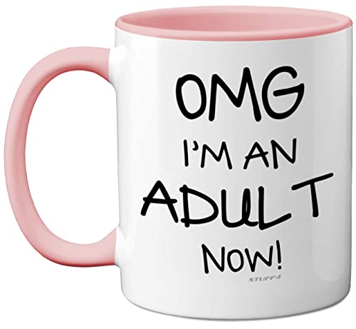 Stuff4 Tasse zum 18. Geburtstag für Mädchen oder Jungen – OMG I'm an Adult Tasse, lustiges Geschenk für Erwachsene, Sohn oder Tochter, zum 18. Geburtstag, rosa Henkel, tolles Geschenk für 18 Jahre von Stuff4