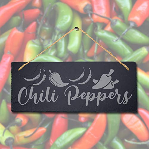 Stukk Schiefertafel mit Chili Pepper Gravur, zum Aufhängen, für den Garten, Schrebergarten, Schild, Natürliche Gravierte Schiefer-Steintafel, 30x12cm (Large) von Stukk