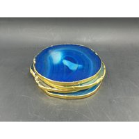 Blauer Achat Untersetzer 4 Set Gold Umrandeten Scheiben Rund Scheibe Mineral Edelstein Home Dekor Trinken von StunningGem