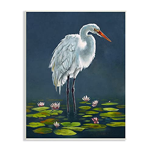 Stupell Industries Egret Bird Standing Lily Pad Pond Deep Blue, Design by Lucca Sheppard Wandschild, blau, 10x15 von Stupell Industries