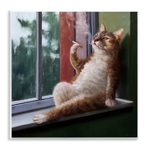 Stupell Industries House Cat Smoking Lounging in Window Pane, Designed by Lucia Heffernan Wandschild, braun, 12x12 von Stupell Industries