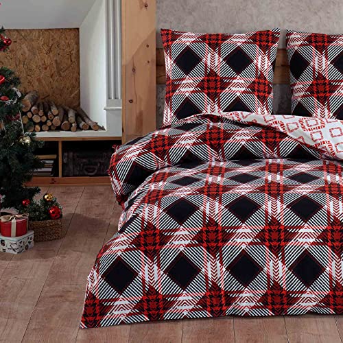 Style Heim Biber Bettwäsche 200x220 cm Flauschige Winterbettwäsche 3 Teilig 100% Baumwolle mit Reißverschluss Bettwäsche-Set Kissenbezüge 80x80cm, Wendebettwäsche Karomuster Gestreift von Style Heim