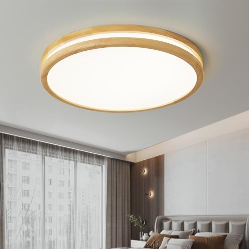 Style home 96W LED Deckenleuchte Holz Deckenlampe, Ø50x6cm, dimmbar mit Fernbedienung,moderne runde Leuchte für Wohnzimmer Schlafzimmer Büro Küche Flur(Holz) von Style home