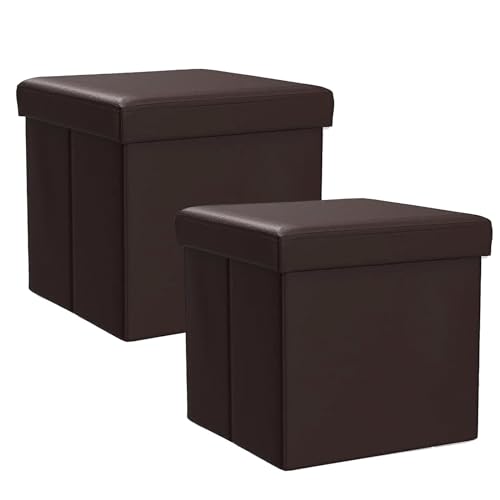Style home 2er Set Sitzhocker Sitzbank mit Stauraum, Faltbare Aufbewahrungsbox Sitztruhe Sitzwürfel Fußablage, Kunstleder, 38 * 38 * 38 cm (Brown) von Style home