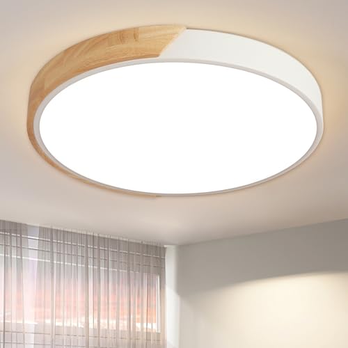 Style home 48W Deckenlampe LED Deckenleuchte Holz Runde Flach Leuchte, Ø50x4cm dimmbar mit Fernbedienung, für Wohnzimmer Schlafzimmer Büro Küche Diele Flur von Style home