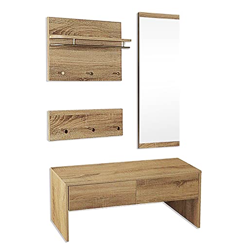 Style home Garderobenset 4-teiliges Komplettgarderobe, Holz, Flurgarderobe Wandgarderobe mit Spiegel, Bank und 2 Garderobenpanel Flurmöbel von Style home